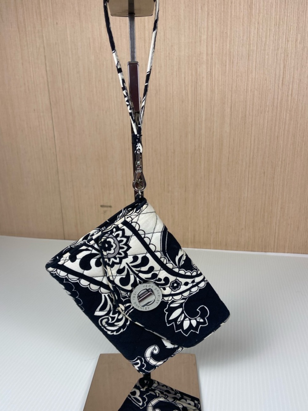 Vera Bradley Quilted Turn Lock Wristlet Wallet Black White Detachable Strap